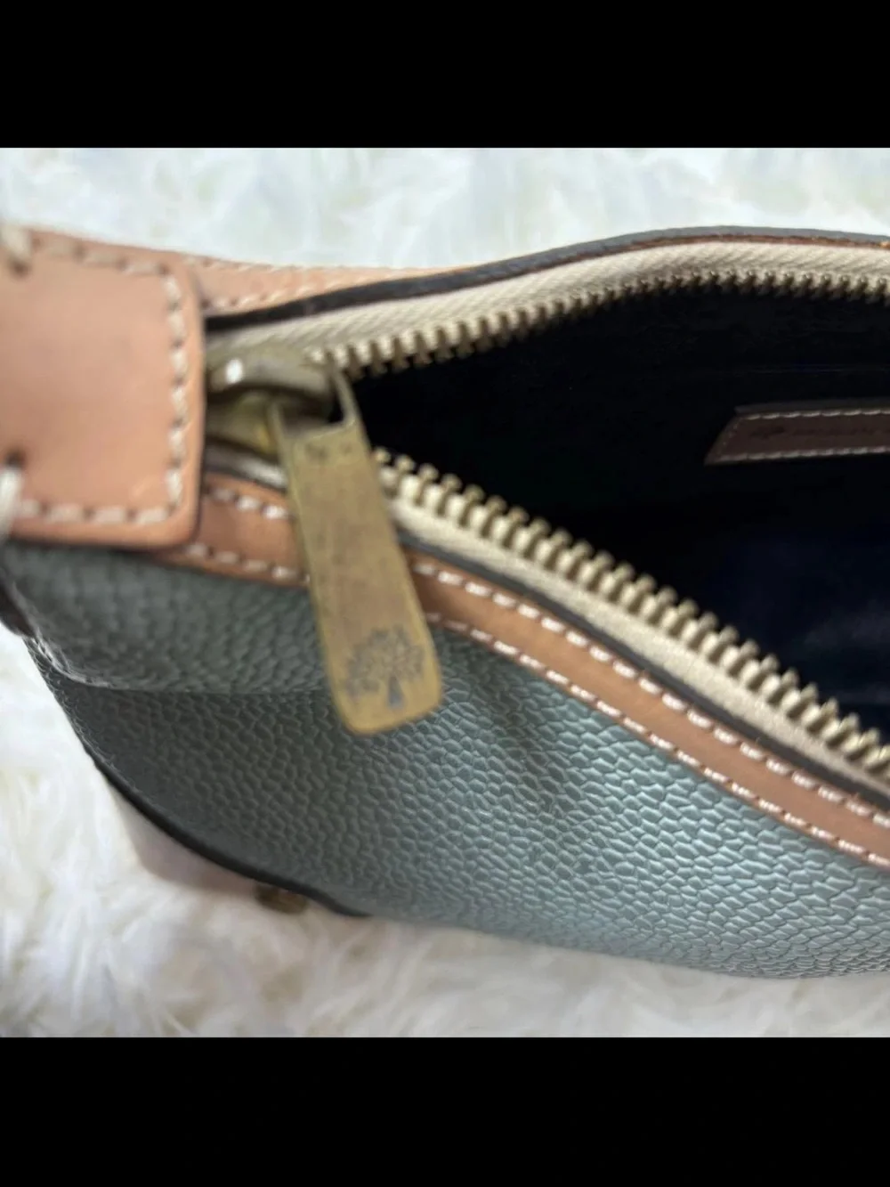 Mulberry Sage Pebbled Leather Shoulder Bag with Tan Trim